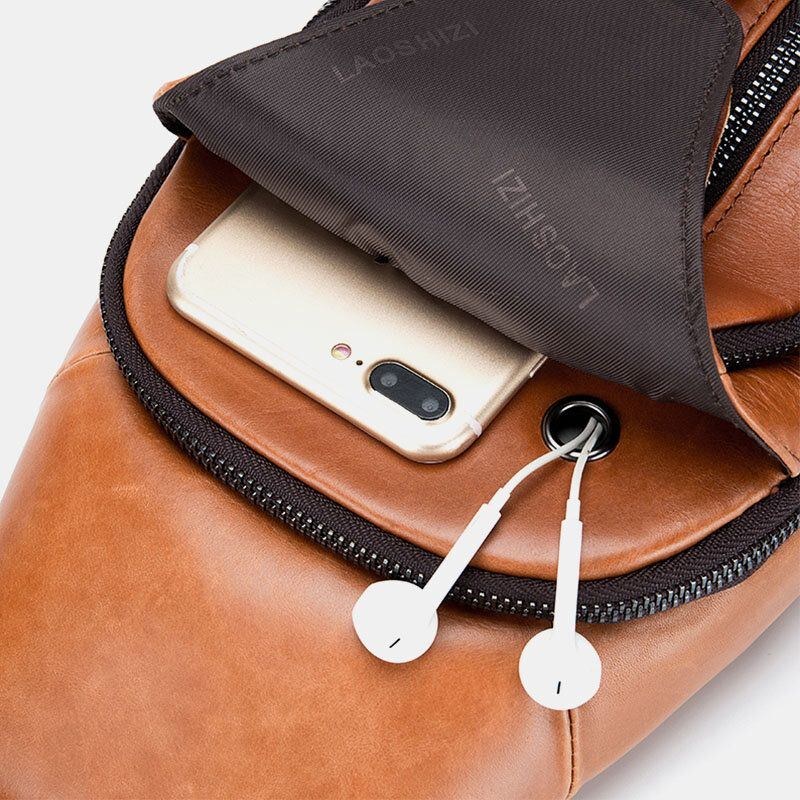 Herre Vintage Ægte Læder Multifunktions Hovedtelefon Hul Design Slidbestandig Brysttaske Crossbody Bag Sling Bag