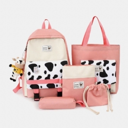 Dame 5 Stk Canvas Preppy Cow Mønster Multifunktions Kombinationstaske Rygsæk Tote Crossbody Taske Clutch Tegnebog