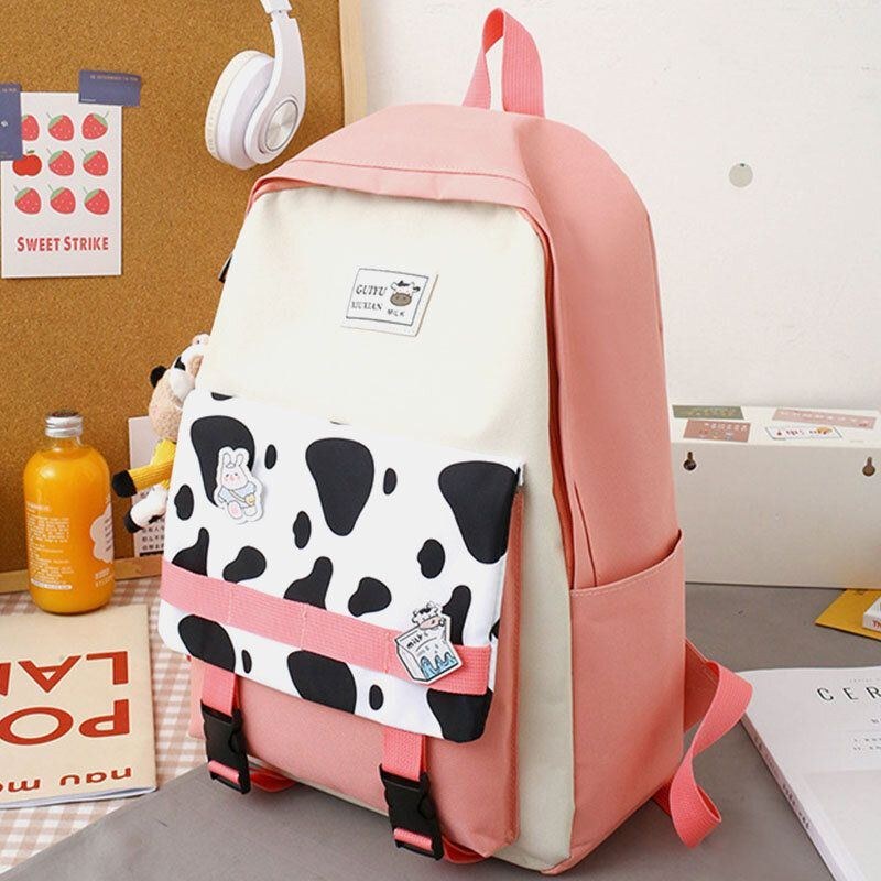 Dame 5 Stk Canvas Preppy Cow Mønster Multifunktions Kombinationstaske Rygsæk Tote Crossbody Taske Clutch Tegnebog