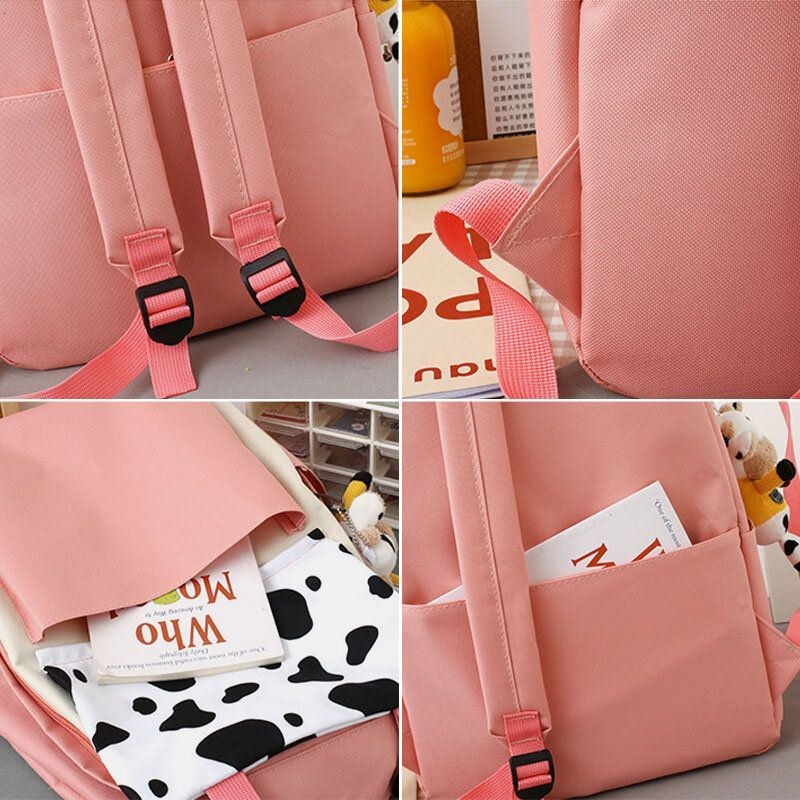 Dame 5 Stk Canvas Preppy Cow Mønster Multifunktions Kombinationstaske Rygsæk Tote Crossbody Taske Clutch Tegnebog