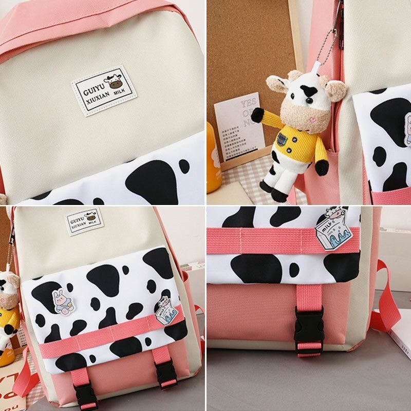 Dame 5 Stk Canvas Preppy Cow Mønster Multifunktions Kombinationstaske Rygsæk Tote Crossbody Taske Clutch Tegnebog