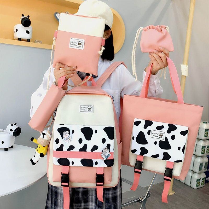 Dame 5 Stk Canvas Preppy Cow Mønster Multifunktions Kombinationstaske Rygsæk Tote Crossbody Taske Clutch Tegnebog