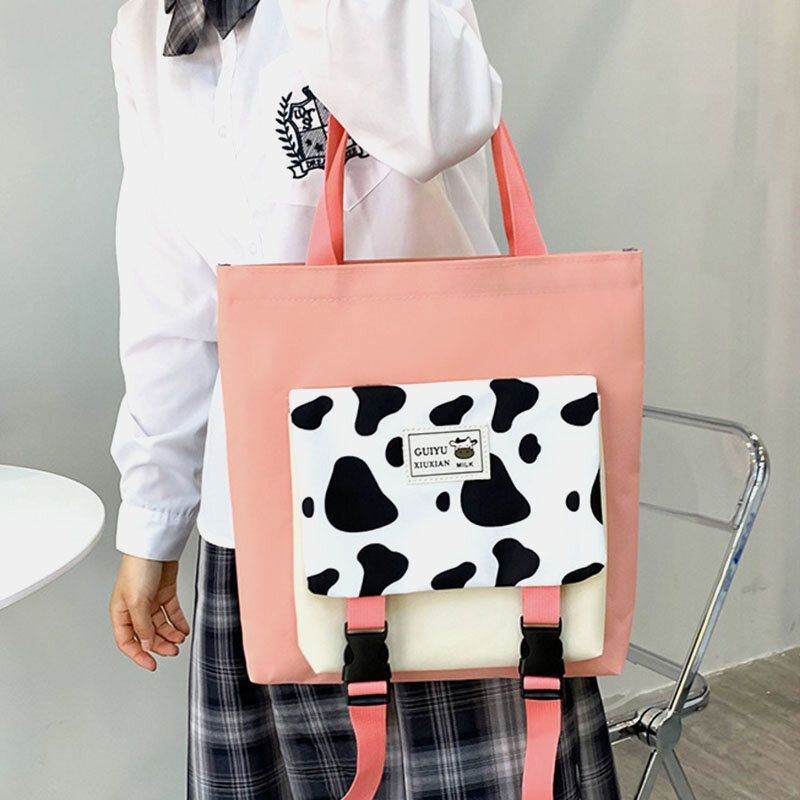 Dame 5 Stk Canvas Preppy Cow Mønster Multifunktions Kombinationstaske Rygsæk Tote Crossbody Taske Clutch Tegnebog