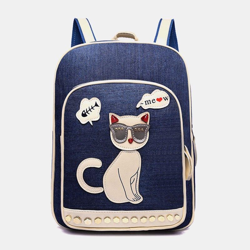 Dame Canvas Cute Cat Print Patchwork Casual Rygsæk Skoletaske