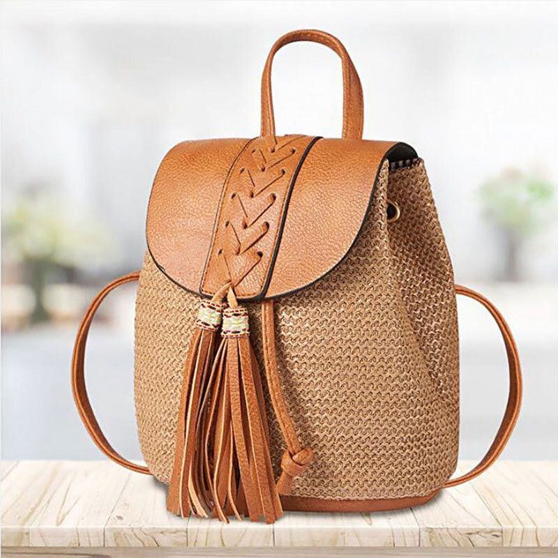 Dame Tassel Straw Bag Retro Beach Bag Rygsæk Bucket Bag