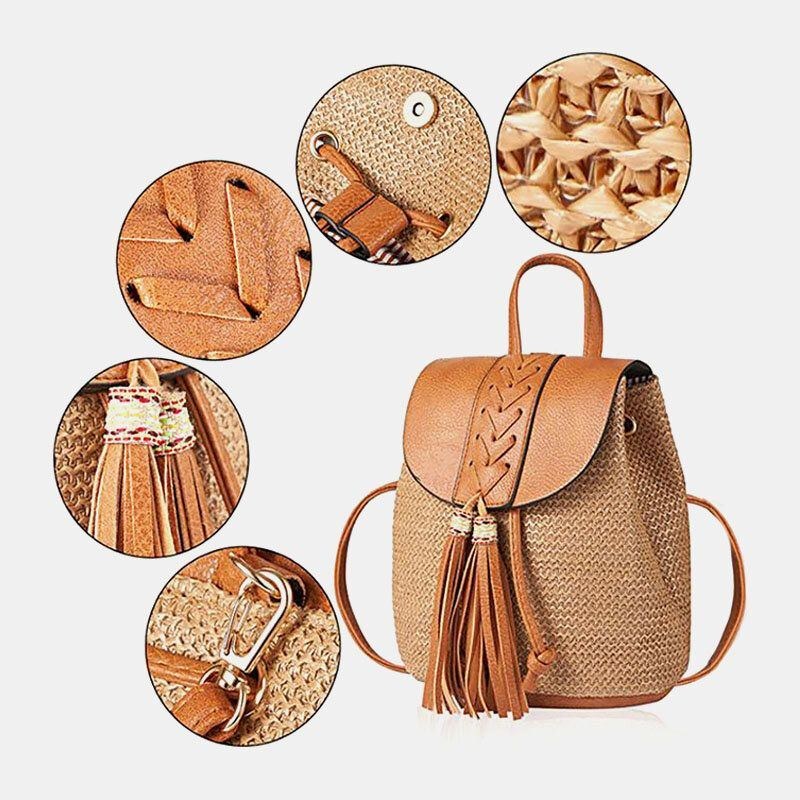 Dame Tassel Straw Bag Retro Beach Bag Rygsæk Bucket Bag