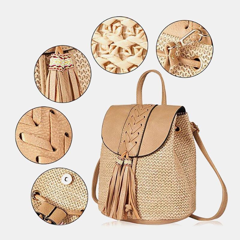 Dame Tassel Straw Bag Retro Beach Bag Rygsæk Bucket Bag