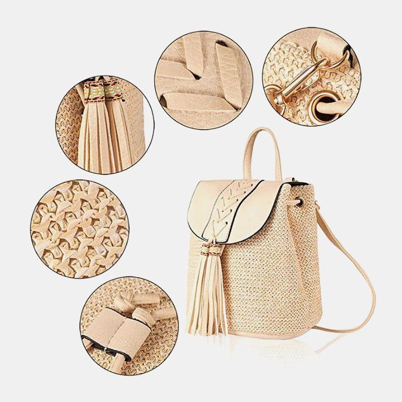 Dame Tassel Straw Bag Retro Beach Bag Rygsæk Bucket Bag