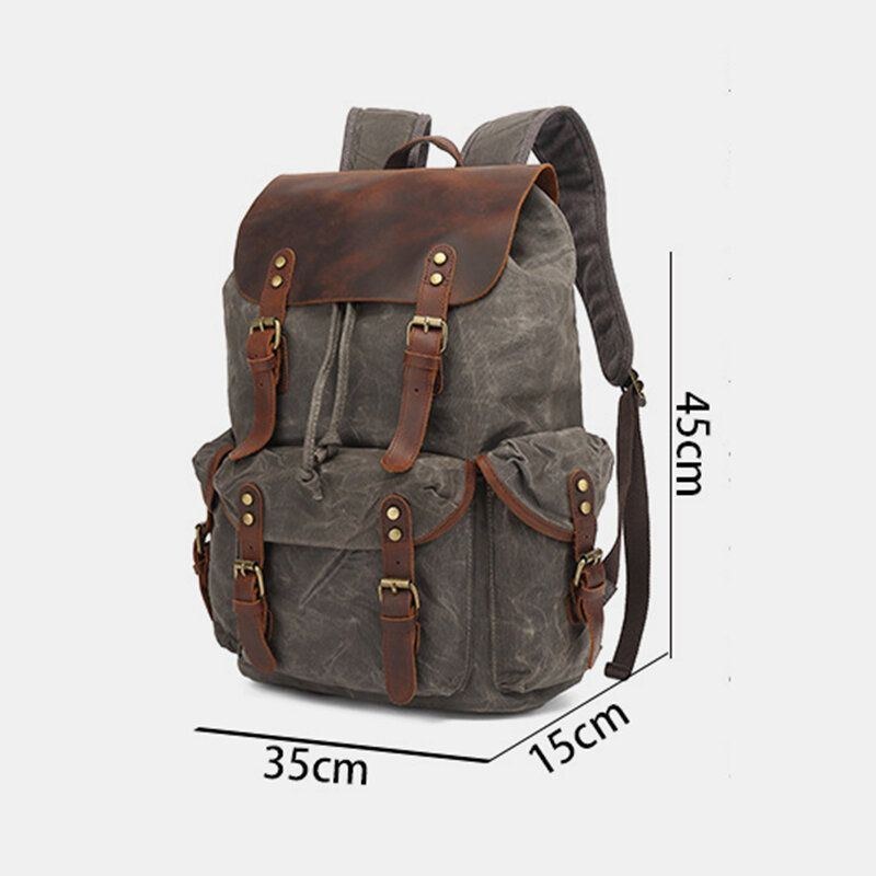 Herre Oil Wax Canvas Casual Vandtæt Multi-pocket Rygsæk Stor Kapacitet 15.6 Tommer Laptop Taske Skuldertaske