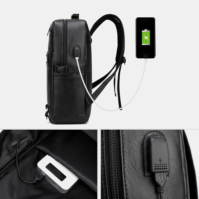 Herre Usb-opladning Multi-pocket Pu Læder Rygsæk Mode Casual Stor Kapacitet 15.6 Tommer Bærbar Taske