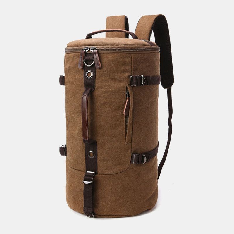 Herre Vintage Canvas Stor Kapacitet Multi-bære Ensfarvet Cylinder Casual Rygsæk Crossbody Taske