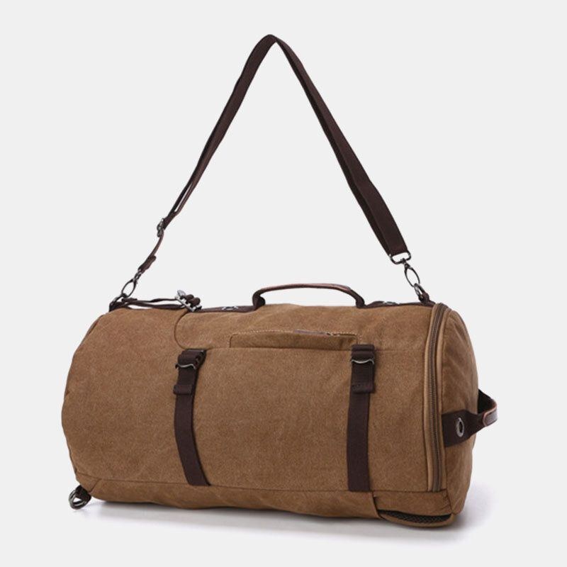 Herre Vintage Canvas Stor Kapacitet Multi-bære Ensfarvet Cylinder Casual Rygsæk Crossbody Taske