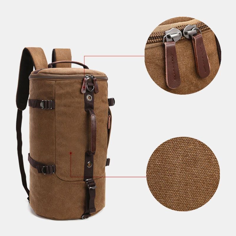 Herre Vintage Canvas Stor Kapacitet Multi-bære Ensfarvet Cylinder Casual Rygsæk Crossbody Taske