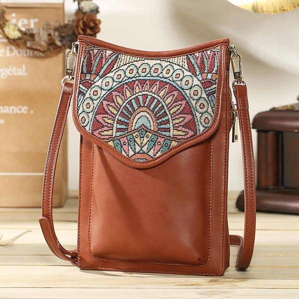 Bohemian Style Retro Canvas Blomstertryk Dame Telefontaske Skulder Crossbody Taske