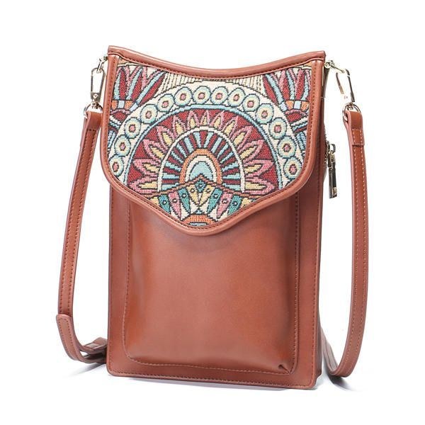 Bohemian Style Retro Canvas Blomstertryk Dame Telefontaske Skulder Crossbody Taske