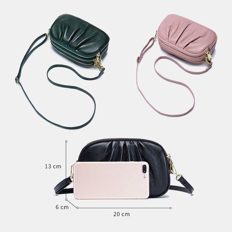 Dame Ægte Læder 3 Lynlåslomme Fold Design Crossbody Taske