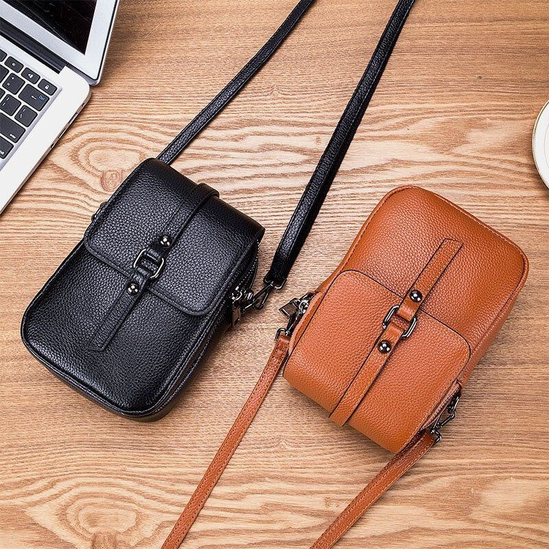 Dame Ægte Læder Casual Retro Flerlags Øretelefonhul 6.5 Tommer Telefontaske Crossbody Taske