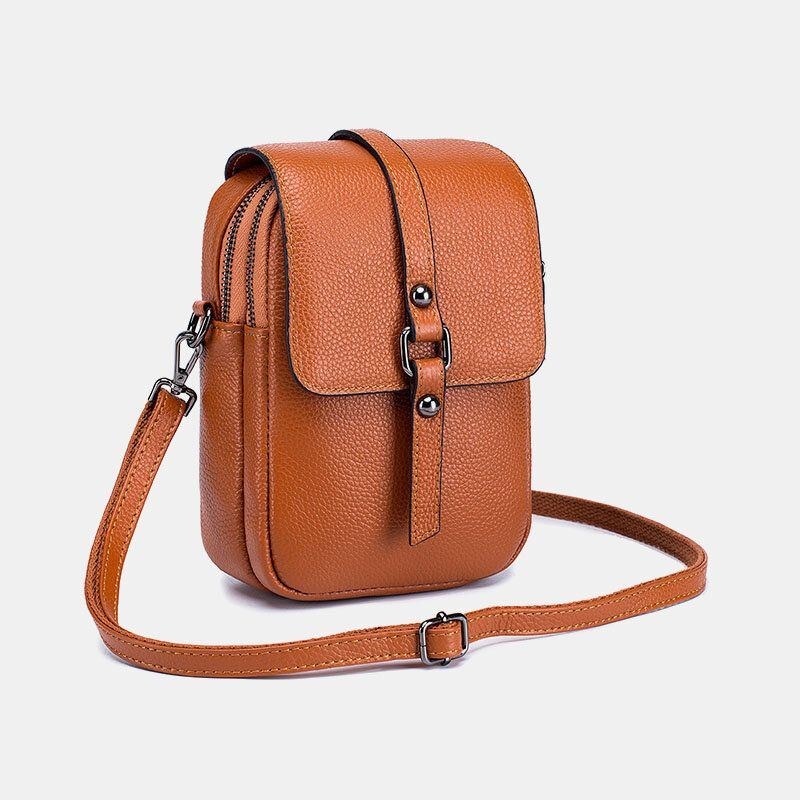 Dame Ægte Læder Casual Retro Flerlags Øretelefonhul 6.5 Tommer Telefontaske Crossbody Taske