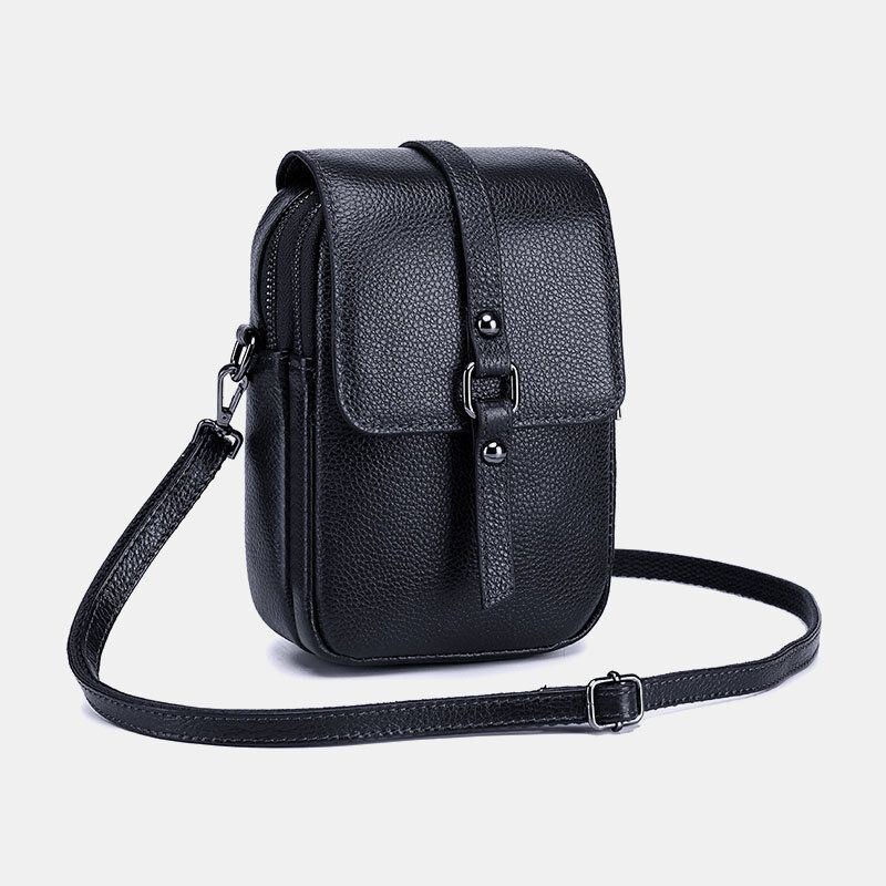 Dame Ægte Læder Casual Retro Flerlags Øretelefonhul 6.5 Tommer Telefontaske Crossbody Taske