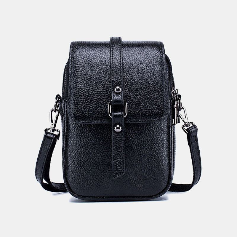 Dame Ægte Læder Casual Retro Flerlags Øretelefonhul 6.5 Tommer Telefontaske Crossbody Taske