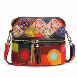 Dame Ægte Læder Floral Crossbody Taske Vintage Taske