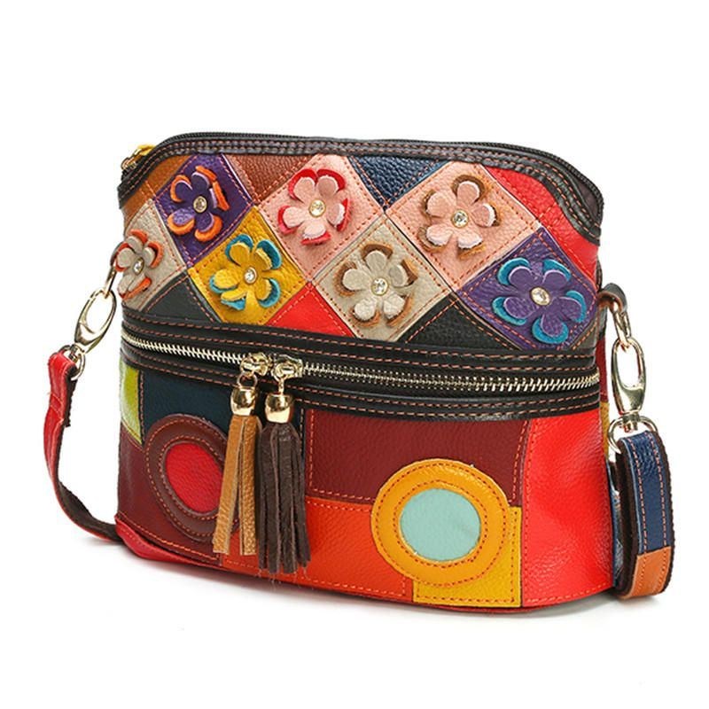 Dame Ægte Læder Floral Crossbody Taske Vintage Taske