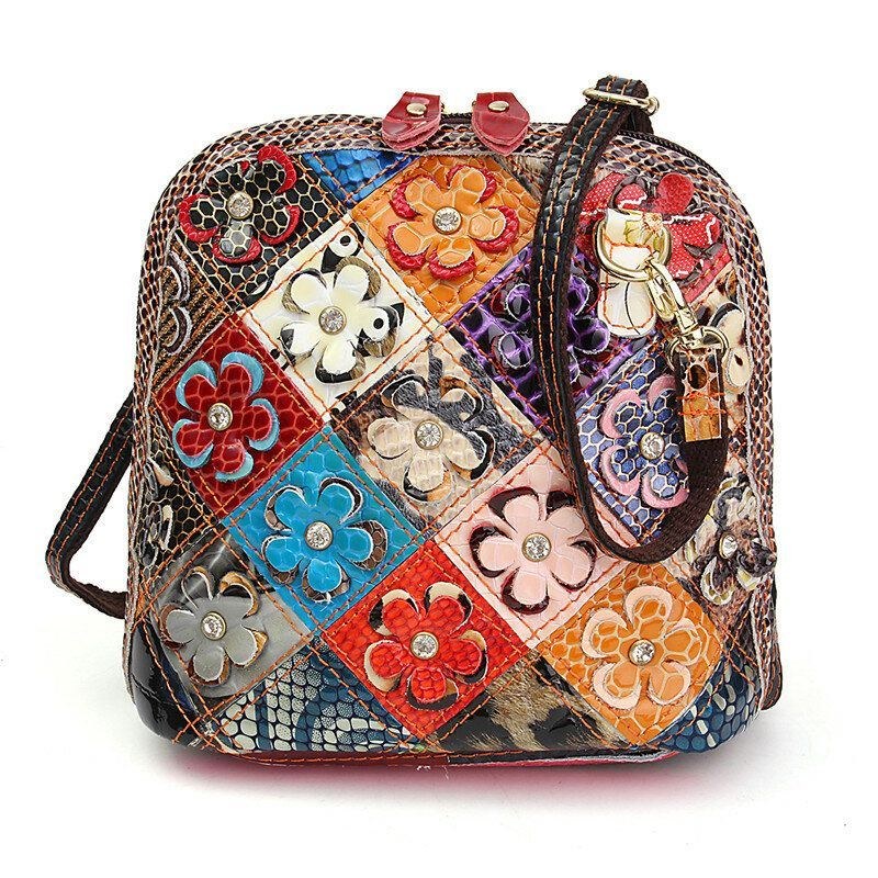 Dame Ægte Læder Patchwork Floral Crossbody Taske