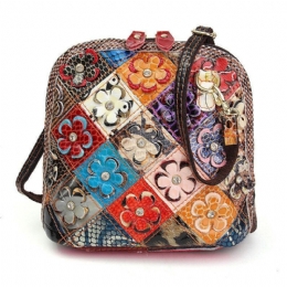 Dame Ægte Læder Patchwork Floral Crossbody Taske