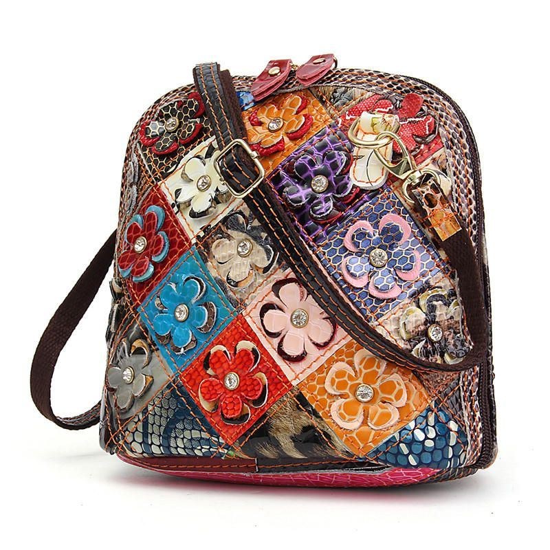 Dame Ægte Læder Patchwork Floral Crossbody Taske