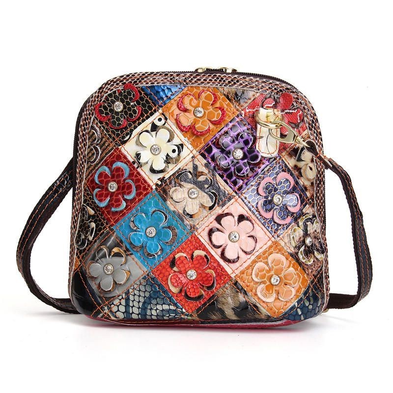 Dame Ægte Læder Patchwork Floral Crossbody Taske