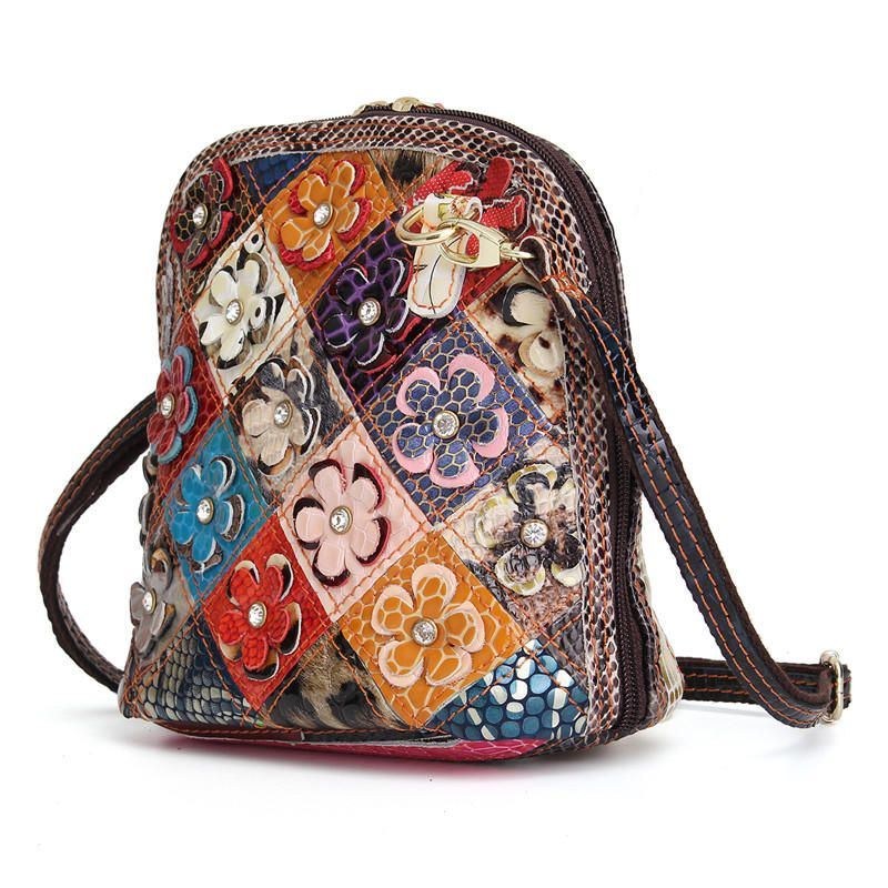 Dame Ægte Læder Patchwork Floral Crossbody Taske