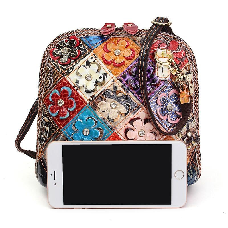 Dame Ægte Læder Patchwork Floral Crossbody Taske