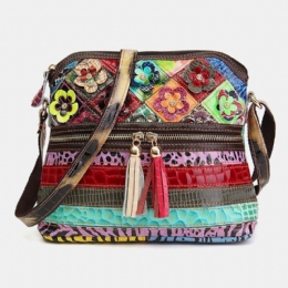 Dame Blomster Vintage Ægte Læder Crossbody Taske Piger Casual Skuldertaske