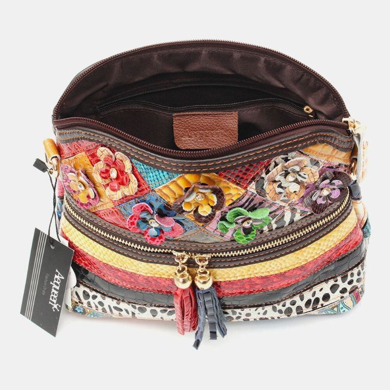 Dame Blomster Vintage Ægte Læder Crossbody Taske Piger Casual Skuldertaske