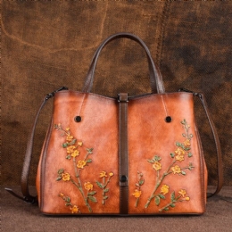 Dame Blomstermønster Præget Vegetabilsk Garvet Læder Crossbody Tasker Retro Stor Kapacitet Ægte Læder Skuldertaske Håndtaske