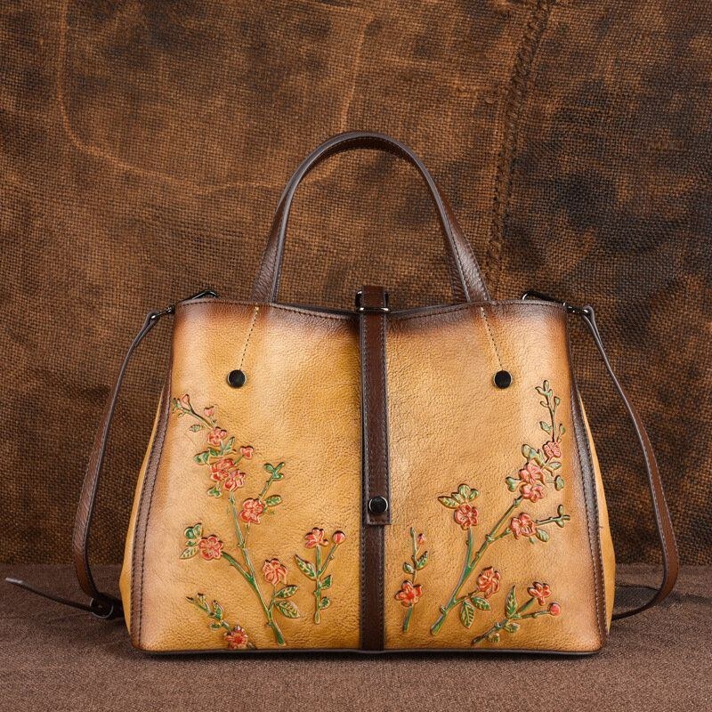 Dame Blomstermønster Præget Vegetabilsk Garvet Læder Crossbody Tasker Retro Stor Kapacitet Ægte Læder Skuldertaske Håndtaske