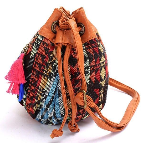 Dame Bohemia Canvas Bucket Tasker Snøre Crossbody Tasker Skuldertasker