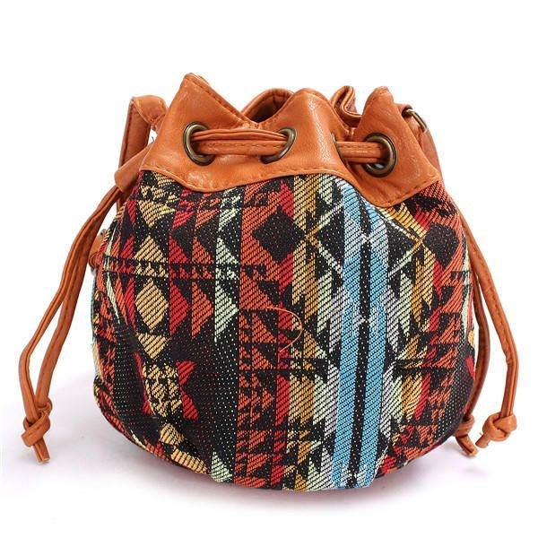 Dame Bohemia Canvas Bucket Tasker Snøre Crossbody Tasker Skuldertasker