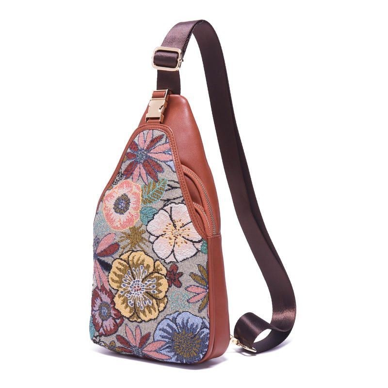 Dame Broderi Blomster Brysttaske Vintage National Crossbody Taske