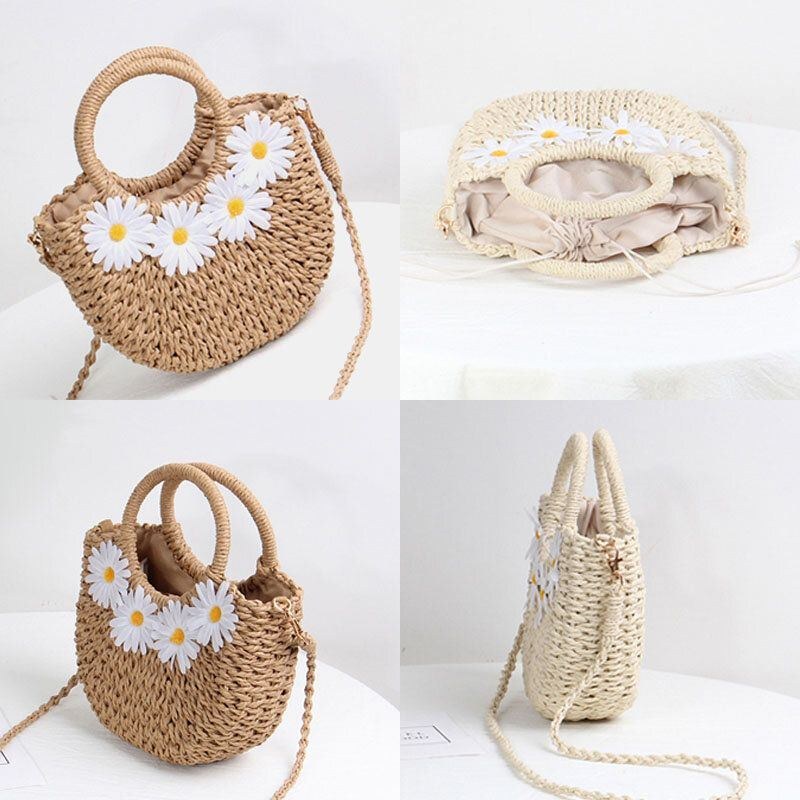 Dame Daisy Travel Summer Beach Straw Håndtaske Crossbody Bag Skuldertaske