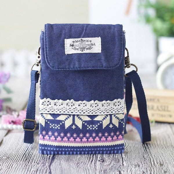 Dame Denim Tre Mellemlag Blomstertryk Mini Skuldertasker Blonde Crossbody Tasker 6.0 Tommer Telefontaske