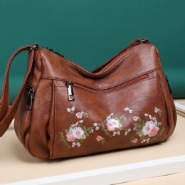 Dame Etnisk Blomst Broderet Large Capacoty Crossbody Taske Vintage Texture Hardware Vandtæt Åndbar Blødt Læder Skuldertaske