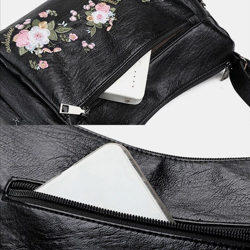 Dame Etnisk Blomst Broderet Large Capacoty Crossbody Taske Vintage Texture Hardware Vandtæt Åndbar Blødt Læder Skuldertaske