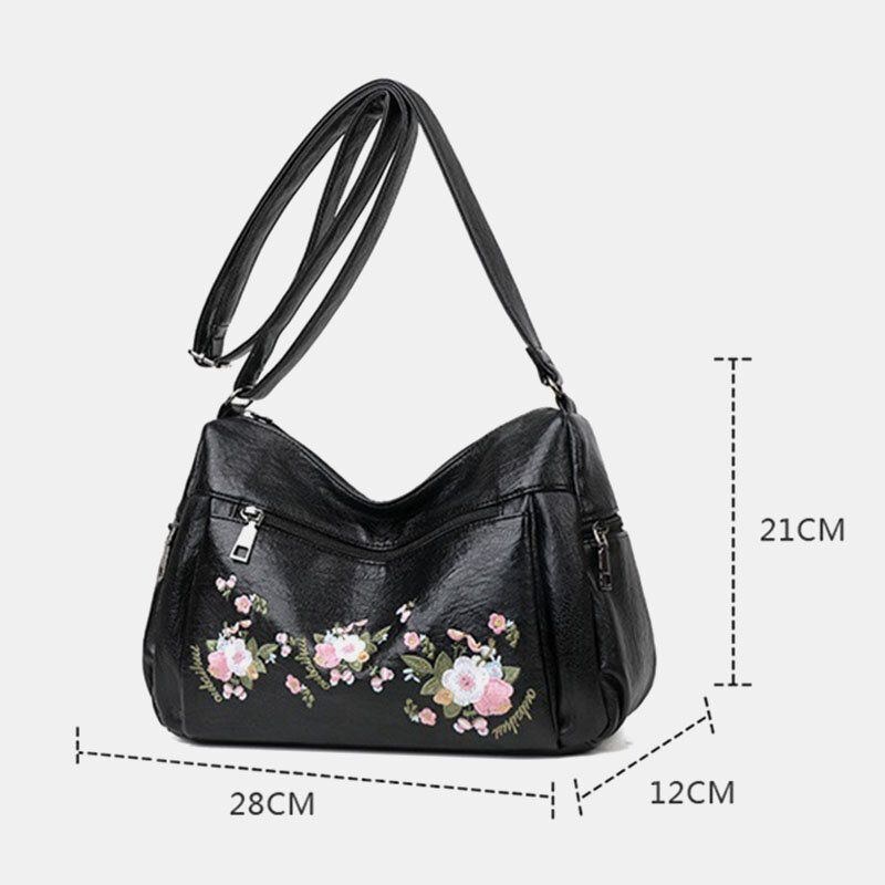 Dame Etnisk Blomst Broderet Large Capacoty Crossbody Taske Vintage Texture Hardware Vandtæt Åndbar Blødt Læder Skuldertaske