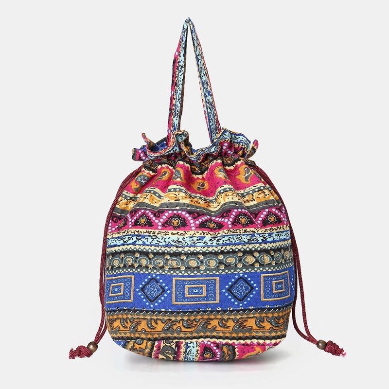 Dame Etnisk Canvas String Bucket Bag Crossbody Taske