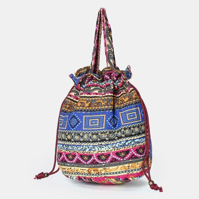 Dame Etnisk Canvas String Bucket Bag Crossbody Taske