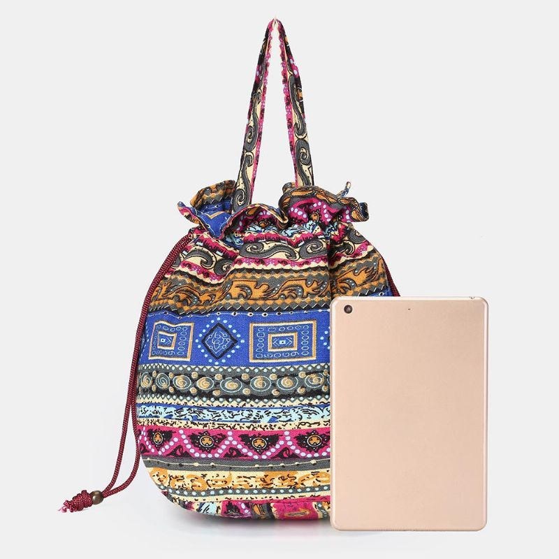 Dame Etnisk Canvas String Bucket Bag Crossbody Taske