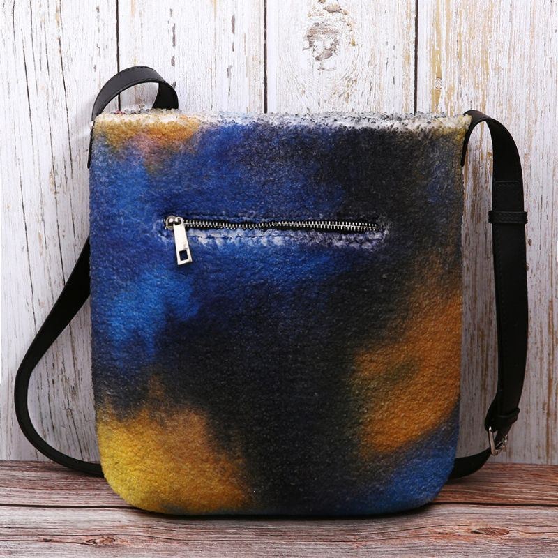 Dame Farverig Taske Diy Lammehår Crossbody Taske Skuldertaske