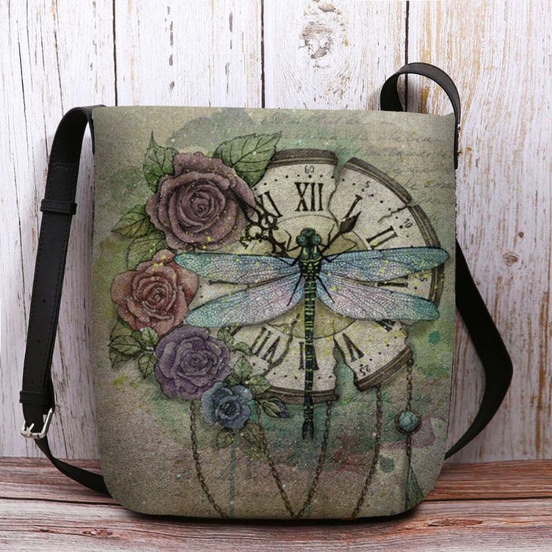 Dame Filt Afslappet Vintage 3d Dragonfly Blomstertrykmønster Crossbody-taske Skuldertaske