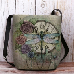 Dame Filt Afslappet Vintage 3d Dragonfly Blomstertrykmønster Crossbody-taske Skuldertaske